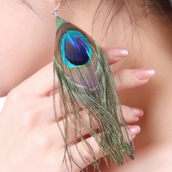 💝Peacock Feather Drop Earrings JE01 - Picture 3 of 3